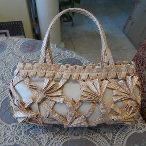 David & Scotti Pink/Beige Artfully Embosed Leather Satchel Bag